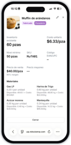 Ficha de producto en Minuta MRP: costo unitario, precio y margen