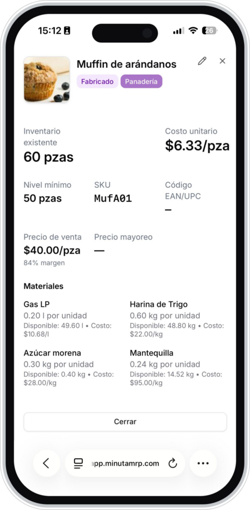 Ficha de producto en Minuta MRP: costo unitario, precio y margen