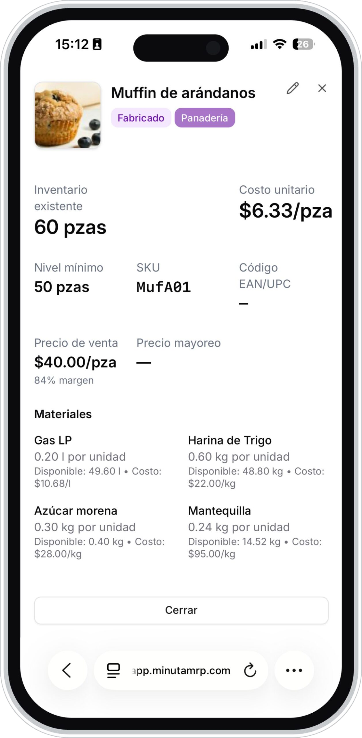 Ficha de producto en Minuta MRP: costo unitario, precio y margen
