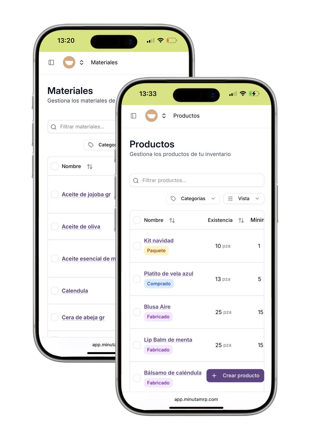 Materiales y productos en Minuta MRP